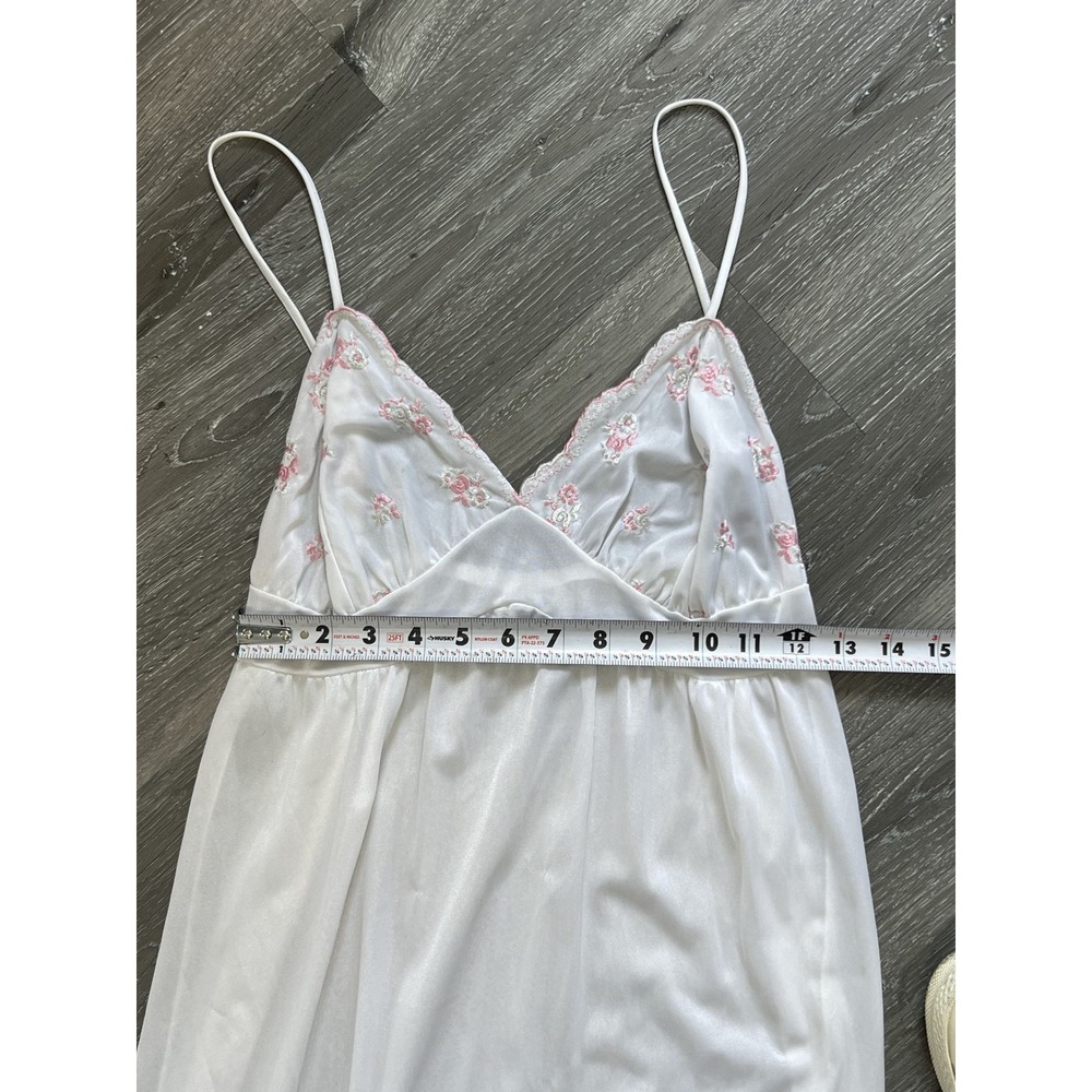 Vintage White Pink Floral Embroidered Satin Slip Dress Maxi Nightgown Size L - Picture 7 of 10